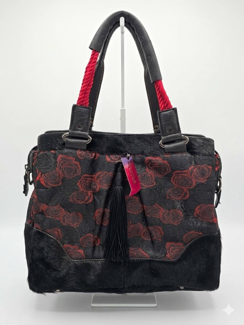 Jtote Black & Red Floral Tote Handbag with Tassel